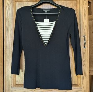 Cable & Gauge Black w Ivory Stripes Long Sleeve V-neck SzL NWT